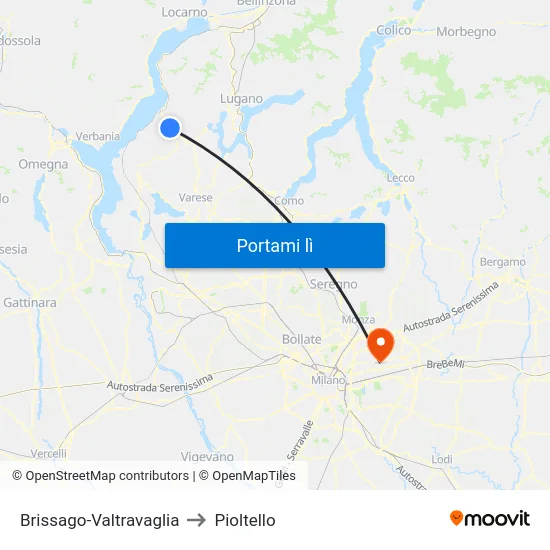 Brissago-Valtravaglia to Pioltello map