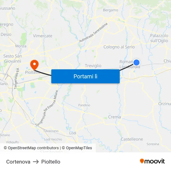 Cortenova to Pioltello map