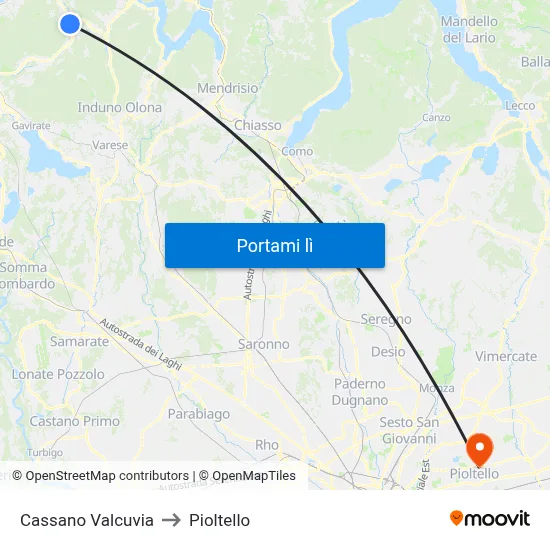 Cassano Valcuvia to Pioltello map