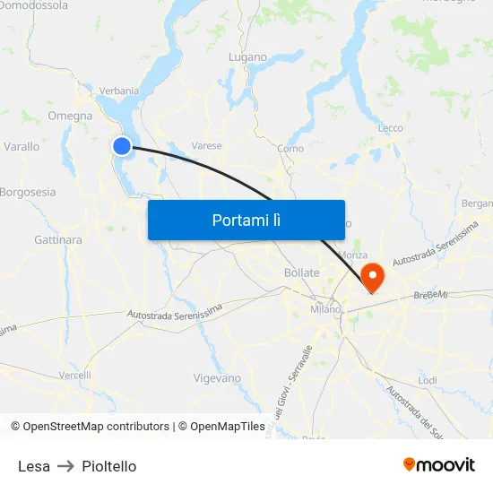 Lesa to Pioltello map
