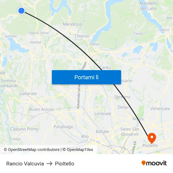 Rancio Valcuvia to Pioltello map