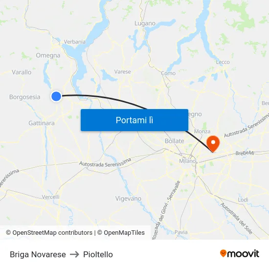 Briga Novarese to Pioltello map