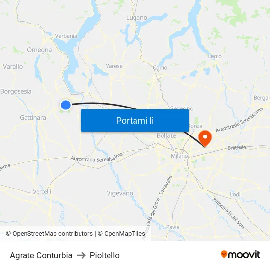 Agrate Conturbia to Pioltello map
