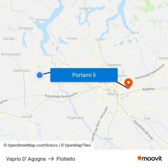 Vaprio D' Agogna to Pioltello map