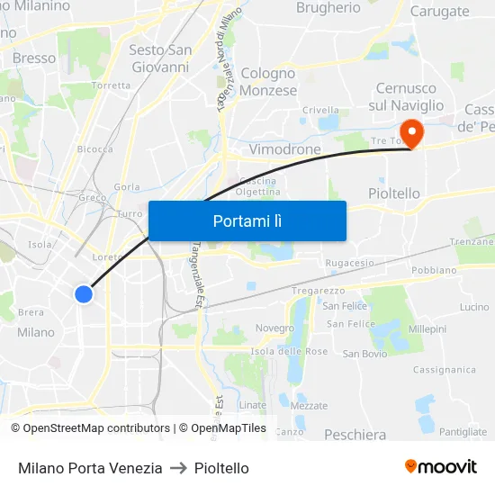 Milano Porta Venezia to Pioltello map