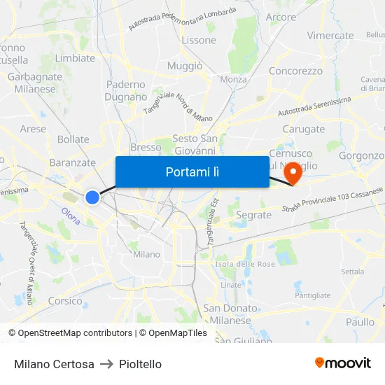 Milano Certosa to Pioltello map