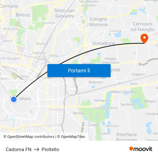 Cadorna FN to Pioltello map