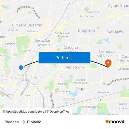 Bicocca to Pioltello map