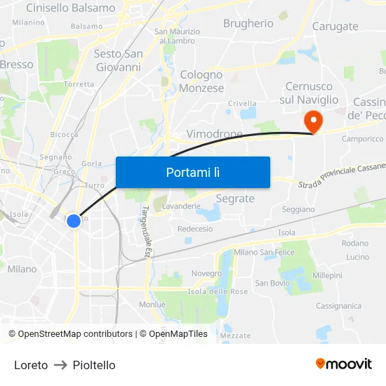 Loreto to Pioltello map