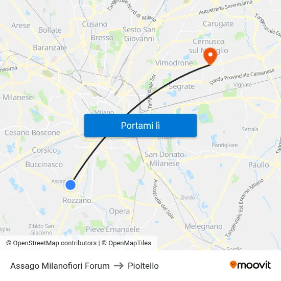 Assago Milanofiori Forum to Pioltello map