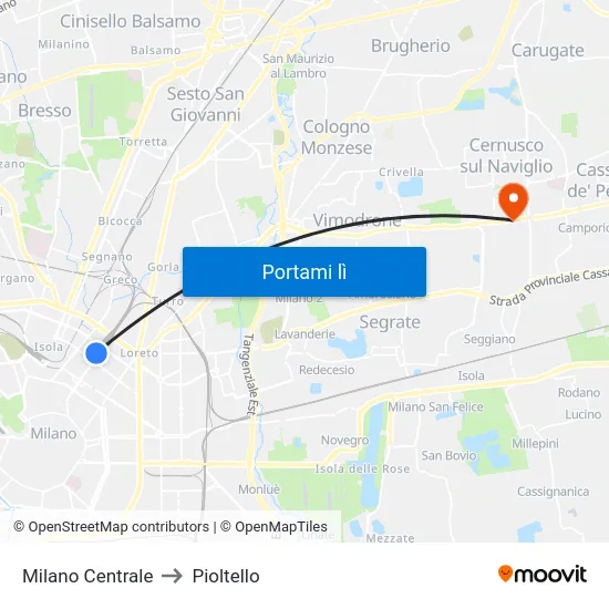 Milano Centrale to Pioltello map