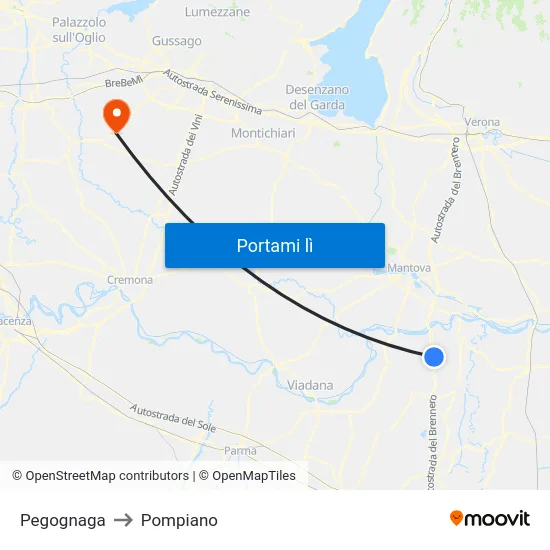 Pegognaga to Pompiano map