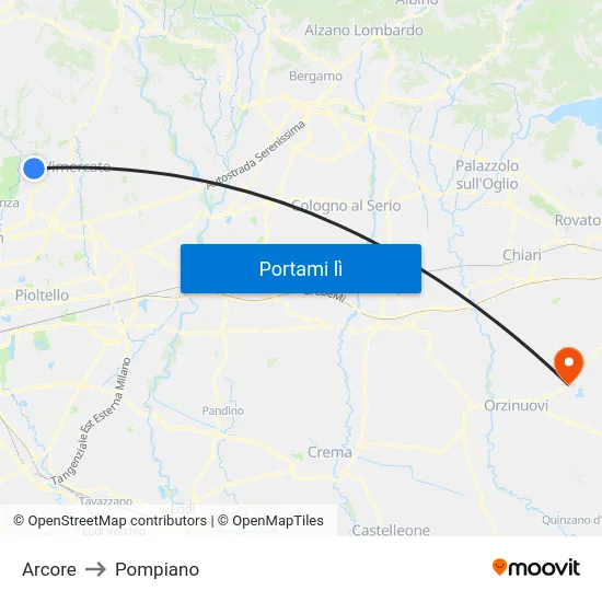 Arcore to Pompiano map