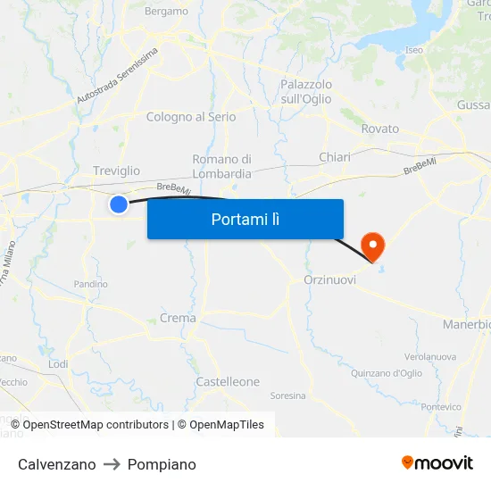 Calvenzano to Pompiano map