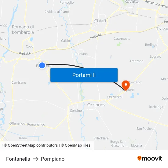 Fontanella to Pompiano map