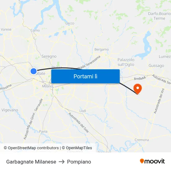 Garbagnate Milanese to Pompiano map