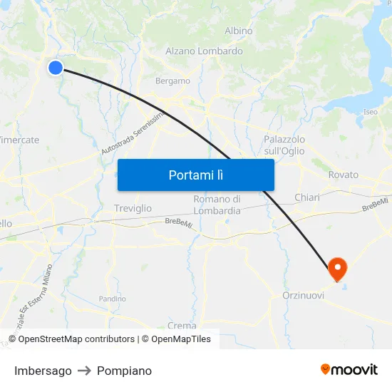 Imbersago to Pompiano map