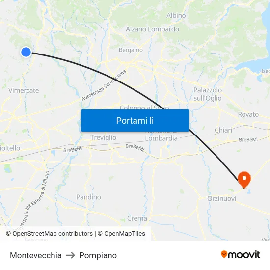 Montevecchia to Pompiano map