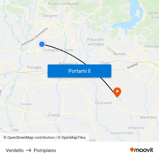 Verdello to Pompiano map