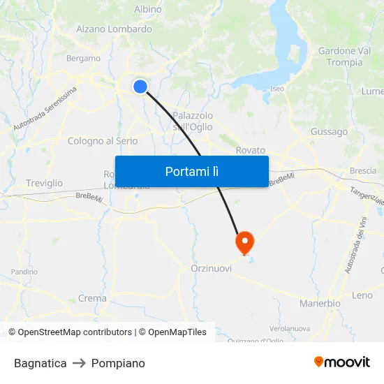 Bagnatica to Pompiano map