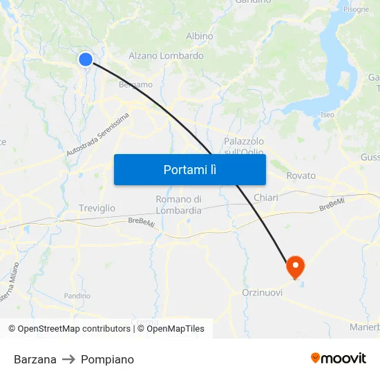 Barzana to Pompiano map