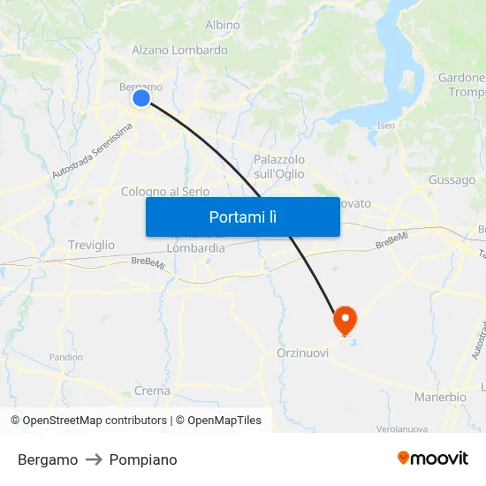 Bergamo to Pompiano map