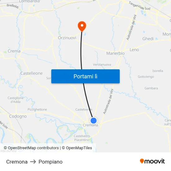 Cremona to Pompiano map