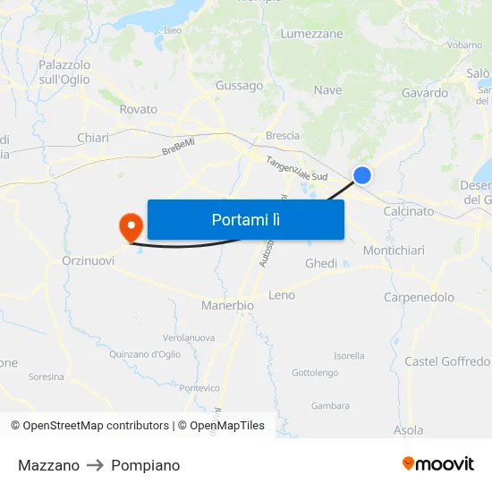 Mazzano to Pompiano map