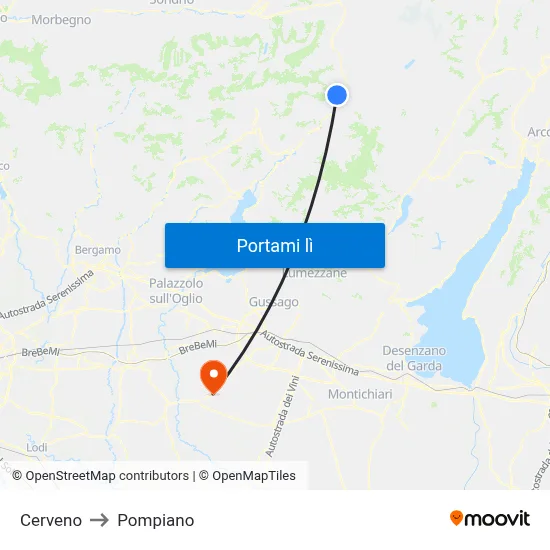 Cerveno to Pompiano map