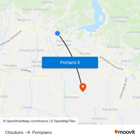 Chiuduno to Pompiano map