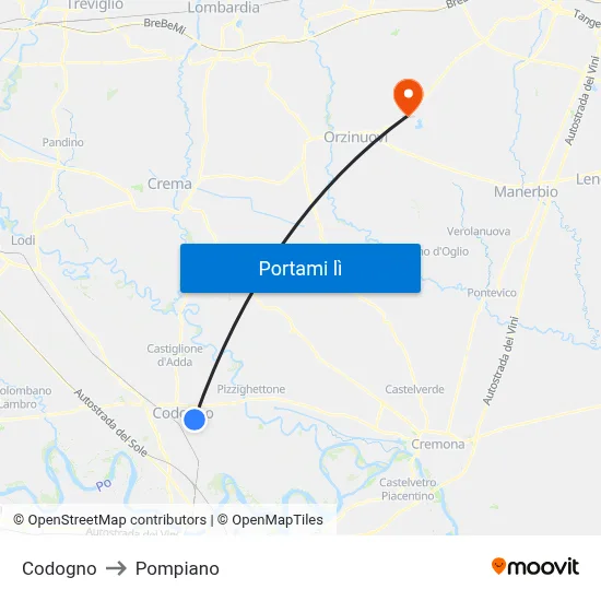Codogno to Pompiano map