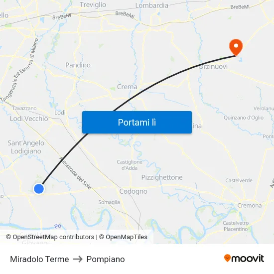 Miradolo Terme to Pompiano map