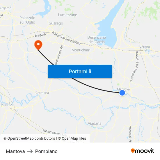 Mantova to Pompiano map