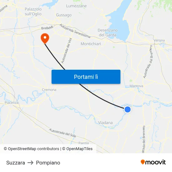 Suzzara to Pompiano map