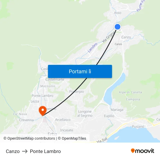 Canzo to Ponte Lambro map