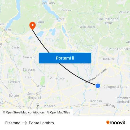 Ciserano to Ponte Lambro map