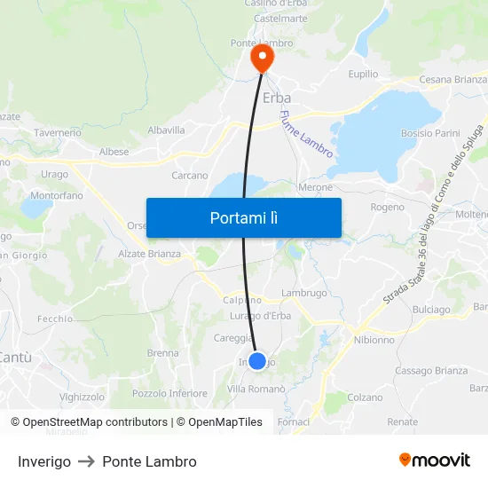Inverigo to Ponte Lambro map