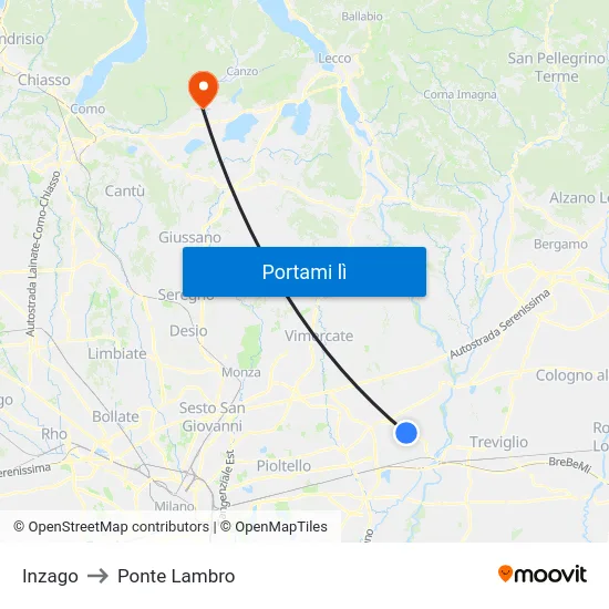 Inzago to Ponte Lambro map