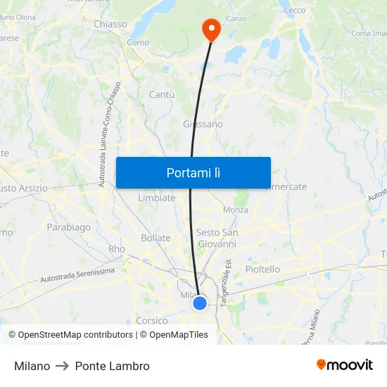 Milano to Ponte Lambro map