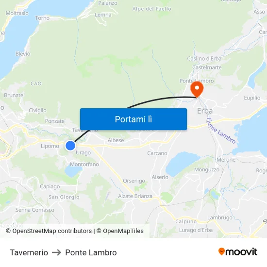 Tavernerio to Ponte Lambro map