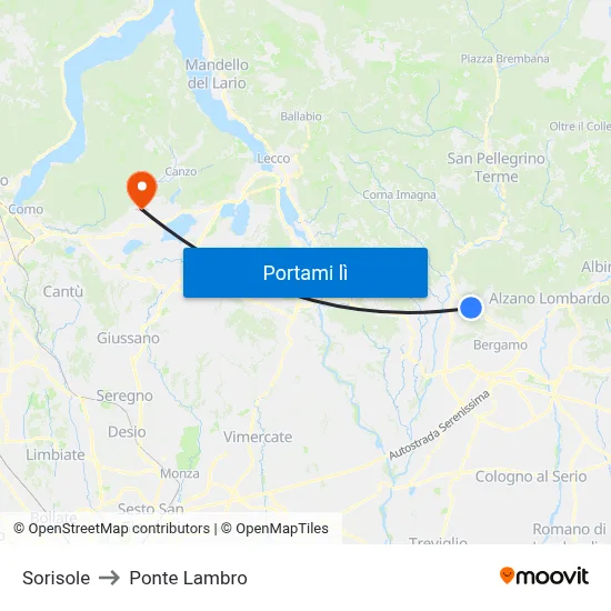 Sorisole to Ponte Lambro map
