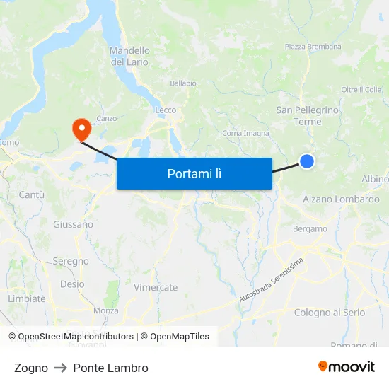 Zogno to Ponte Lambro map