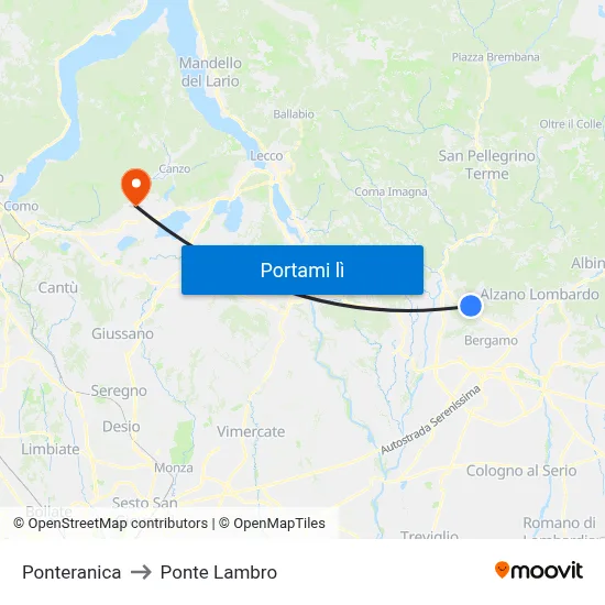 Ponteranica to Ponte Lambro map