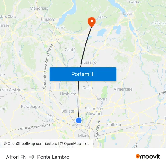 Affori FN to Ponte Lambro map