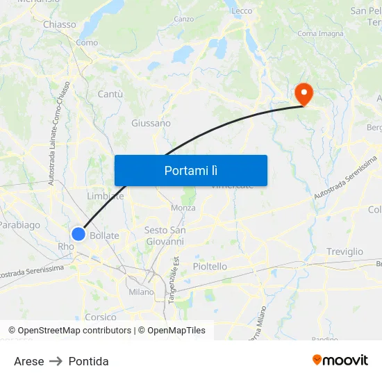 Arese to Pontida map