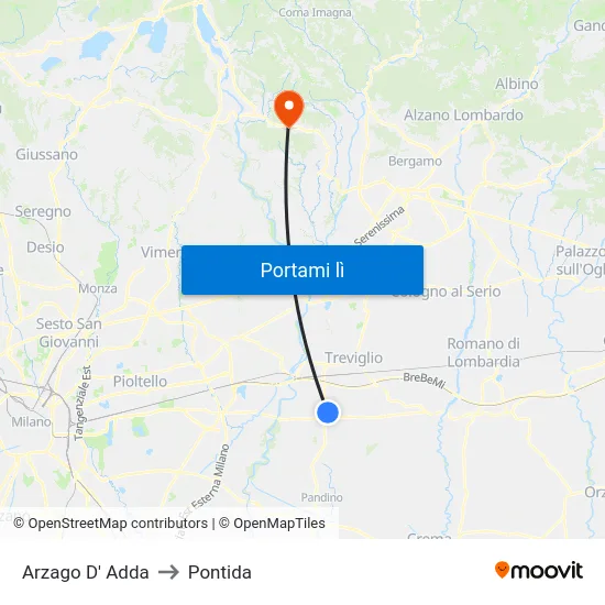 Arzago D' Adda to Pontida map