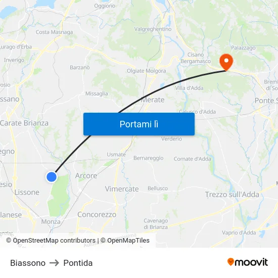 Biassono to Pontida map