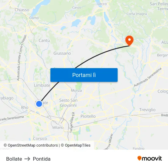 Bollate to Pontida map