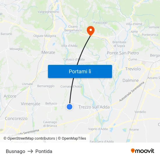 Busnago to Pontida map