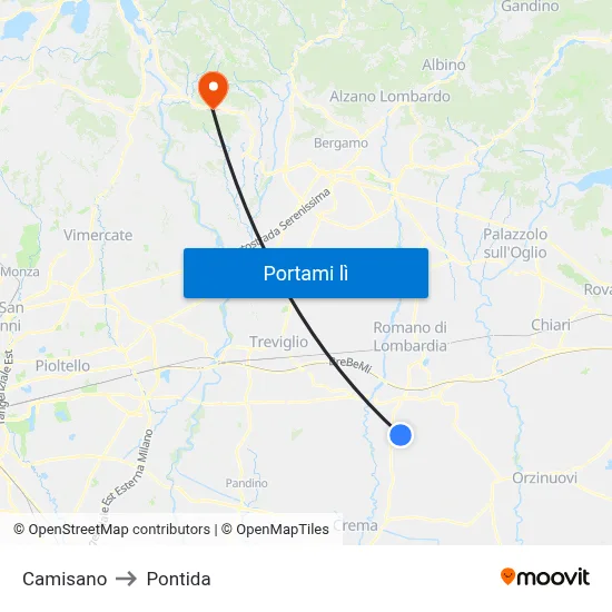 Camisano to Pontida map